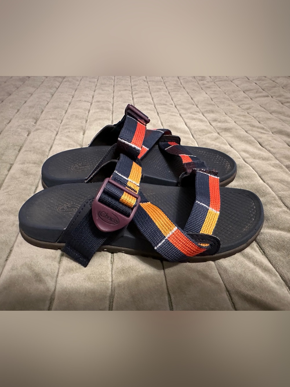Chaco Big Boys Strapped Sandals in Navy with Orange and Yellow Stripes